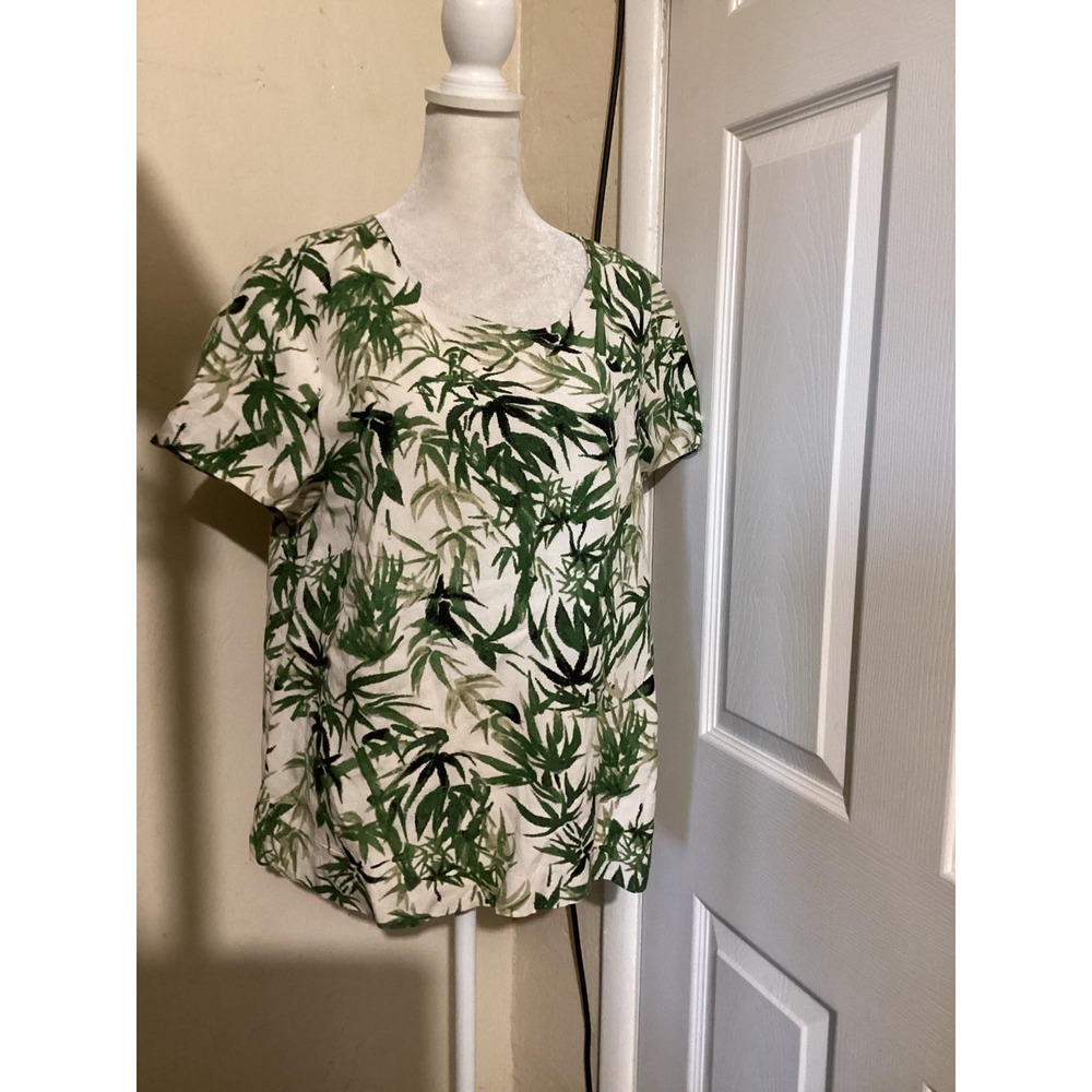 J. Jill Womens Green Bamboo Print Linen Blend Button Back Top Blouse Medium